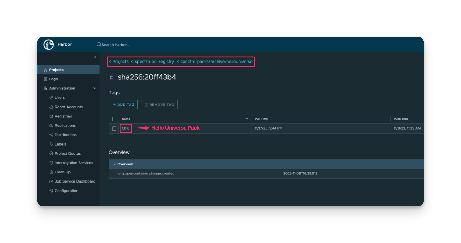 Screenshot of the Hello Universe Harbor Repository